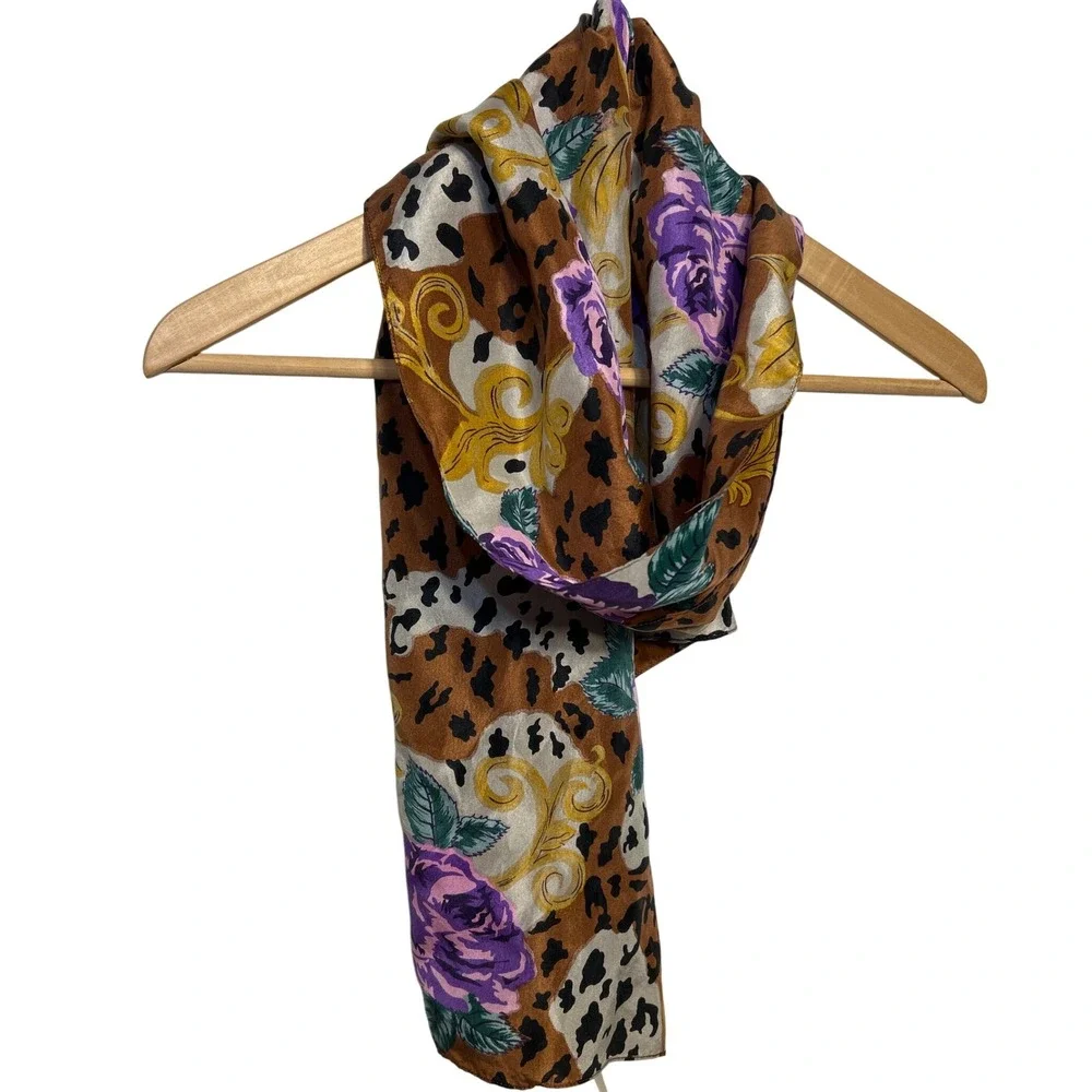 Capelli New York 100% Silk‎ Scarf Purple Roses Floral Animal Print Brown